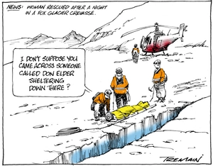 Tremain, Garrick, 1941- :NEWS; Woman rescued after a night in a Fox Glacier crevasse. 9 March 2013