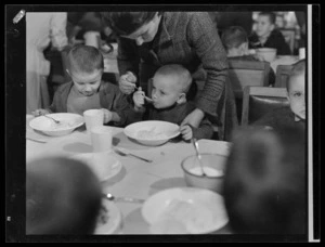 Small boys eating a meal at Polish children's refugee camp, Pahiatua
