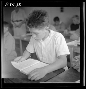 A boy reads a book in a Polish refugee camp's classroom, Pahiatua