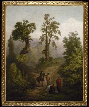 Laishley, Richard, 1815-1897 :[Track through New Zealand bush with Maori and horse and rider] 1895