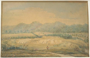 Bridge, Cyprian, 1807-1885 :View of encampment of the troops under Col Despard 99th Regt, near Puketoto pah on the Kawa Kawa River, Decr, 1845