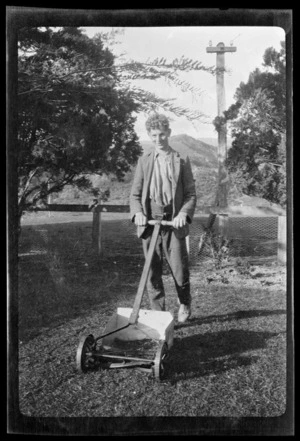Joe (Johannes) Berntsen with lawn mower