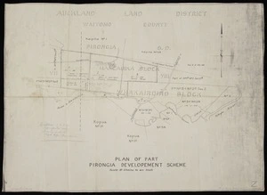 [Creator unknown] :Plan of part of Pirongia development scheme [copy of ms map]. [n.d.]