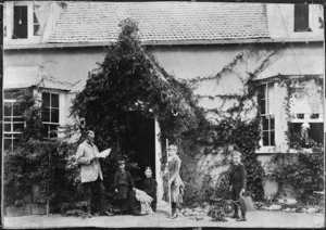 Canterbury settler and family outside their cob cottage