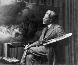 George Edmund Butler alongside one of his paintings
