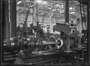 Petone Railway Workshops. Interior of a workshop showing an engine cylinder in for repair.