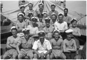 World War 2 sailors on board a minesweeper commanded by New Zealander Lieutenant Commander Mallitte, in Bari, Italy