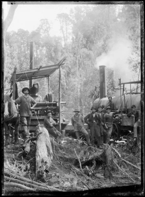 Timber workers by a Davidson locomotive and a steam hauler