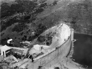 Dam under construction in the Karori Reservoir valley, Wellington