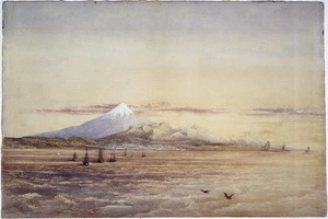 [Johnston, John Tremenhere fl 1860s :[Mt Egmont and New Plymouth from the sea. 1864 or 1865]