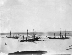 Ship Discovery, and the two relief ships, Morning and Terra Nova, in Antarctica