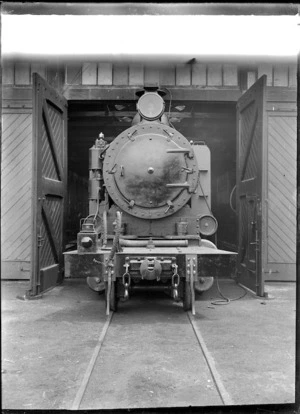 Front view of 'Pearson's Dream', E class steam locomotive number 66, at the Petone Railway Workshops