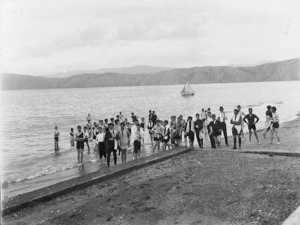 Group of boys in bathing suits at a beach in Seatoun, Wellington