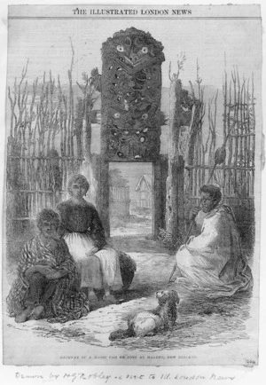 Robley, Horatio Gordon, 1840-1930 :Gateway of a Maori Pah, or fort at Maketu, New Zealand [1864]. Illustrated London news, 1867