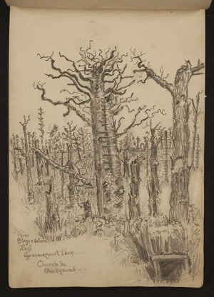 O'Grady, James, 1882?-1956 :Hun tree observation post, Gommecourt Park; church in background [1918]