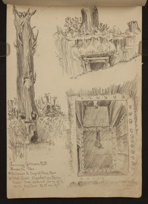 O'Grady, James, 1882?-1956 :1. Gunning German O.P. beneath tree; 2. Entrance to dugout from rear; 3. Steel-lined observation room under tree, entered from D-O, with further D-O on left [1918]