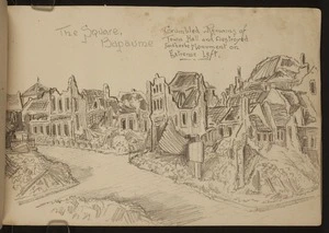 O'Grady, James, 1882?-1956 :The Square, Bapaume; crumbled remains of Town Hall and destroyed Faidherbe Monument on extreme left [1918]