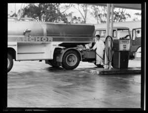 Anchor milk truck fuelling up at Mobil petrol station