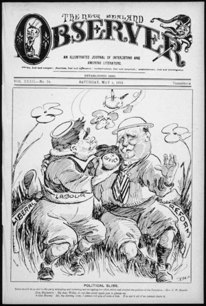 Blomfield, William, 1866-1938 :Political Bliss. The New Zealand Observer, 4 May 1912 (front page).