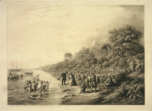 Baxter, George, 1804-1867 :[The Revd. J. Waterhouse superintending the landing of the missionaries at Taranaki, New Zealand. Designed and engraved by G. Baxter. London, 1844]