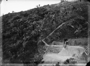 Hillside at Terawhiti, Wellington, with the entrance to Golden Crown gold mine