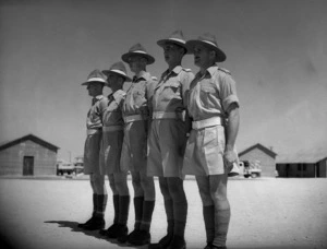 Five soldiers of the Officer Cadet Training Unit at the New Zealand school of Instruction at Maadi, Egypt line up to receive decorations