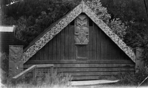 Bath House exterior at the Spa Hotel in Taupo, with Maori carving and painted designs