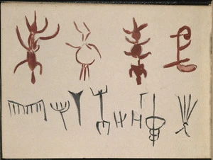 Artist unknown :[North Canterbury sketches]. Maori drawings at Weka Pass. [1882].