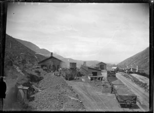 View of railway yards, engine sheds, and railway houses, probably at Cross Creek on the Wairarapa Line