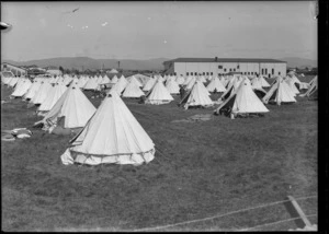 Pitched tents at a relief camp in Palmerston North for victims of the 1931 Hawke's Bay earthquake