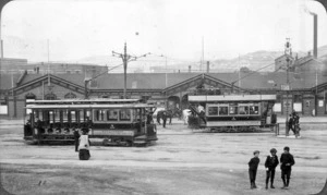 Trams at Lambton Station, Thorndon Quay, Wellington