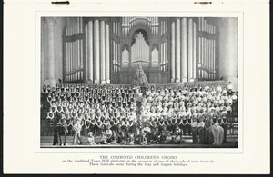 Photographer unknown :The Combined Children's Choirs on the Auckland Town Hall platform on the occasion of one of their school term festivals. These festivals occur during the May and August holidays [1946]