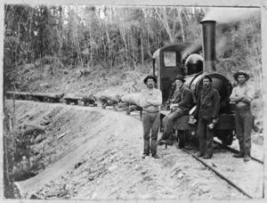 Timber workers by a Johnson steam locomotive, West Coast