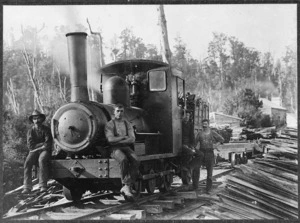 Timber mill workers on a Johnson locomotive, Bell Hill mill, West Coast region