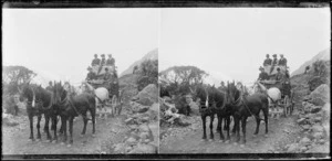Stereographic photograph of coach with passengers at summit of Arthur's Pass