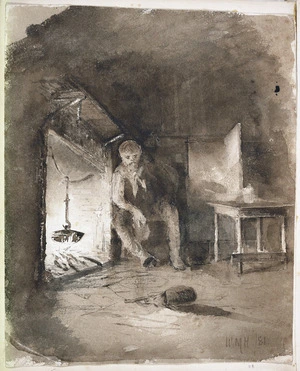 Hodgkins, William Mathew, 1833-1898 :[Seated man by fire with suspended pot, Manapouri?] [18]81.