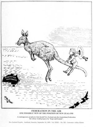 Hunter, Ashley John Barsby, 1854-1932:Federation in the air. One possible view of the position of New Zealand. New Zealand Graphic, September 16, 1899. Vol XXIII - No XII.