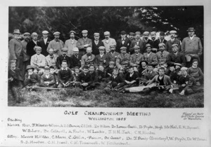 Group portrait taken at a golf championship meeting, Hutt Golf Club course at Waiwhetu, Lower Hutt, Wellington, including A D S Duncan, and C R Howden