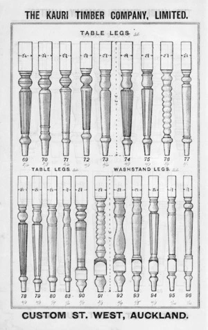 The Kauri Timber Company Ltd (Auckland Office) :Table legs [and] washstand legs. [Catalogue page. ca 1906].