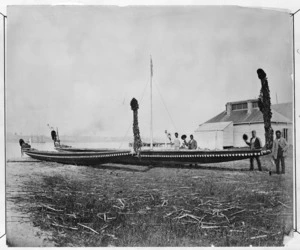 Two Maori canoes, possibly at Orakei, Auckland