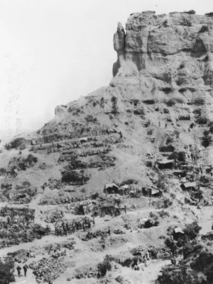 The Sphinx and dug-outs of the 4th Infantry Brigade in Rest Gully, Gallipoli, Turkey during World War I