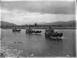 Wool wagons from Pakihiroa Station crossing Waiapu River