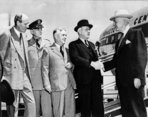 Prime Minister Peter Fraser being greeted by Secretary of State, Cordell Hull, Washington DC
