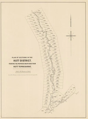 Plan of sections in the Hutt District fronting the proposed main road from Hutt to Waikanae [electronic resource] / H. Jackson Chief Surveyor, W.W.J. Spreat, lith,