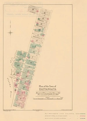 Plan of the town of Kaitangata [electronic resource] Blocks 1 to 19 surveyed by J. Moran, 1861, the remainder by N. Prentice, 1873 ; F.W. Flanagan delt.