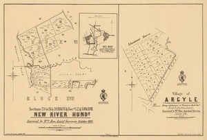 Sections 23 to 26 & 28 blk. VI & secs. 1, 2 & 3 blk. XVII New River Hundd [electronic resource] ; Village of Argyle : being subdivision of Waianiwa bush resve., block VI New River Hundred / surveyed by Wm. Hay, assistant surveyor, October 1881 ; drawn by W. Deverell.