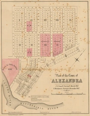 Plan of the town of Alexandra [electronic resource] / J.A. Connell, surveyor, March 1863, G. Mackenzie, surveyor, December 1865.