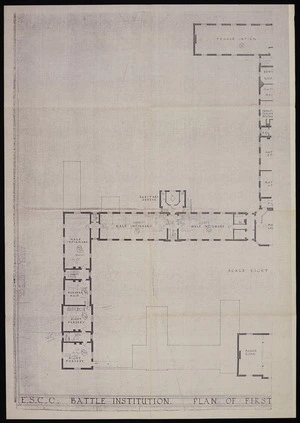 East Sussex County Council :E.S.C.C. Battle Institution. Plan of first floor accommodation / E A Verger, County architect, County Hall, Lewes [1920s?]. [Left-hand side]