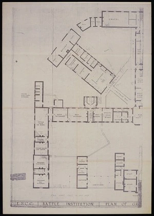 East Sussex County Council :E.S.C.C. Battle Institution. Plan of ground floor accommodation / E A Verger, County architect, County Hall, Lewes [1920s?]. [Right-hand side]