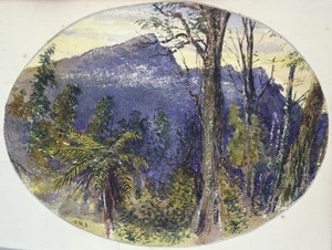 Hodgkins, William Mathew, 1833-1898 :[Mountains through bush. 1880s] W M H